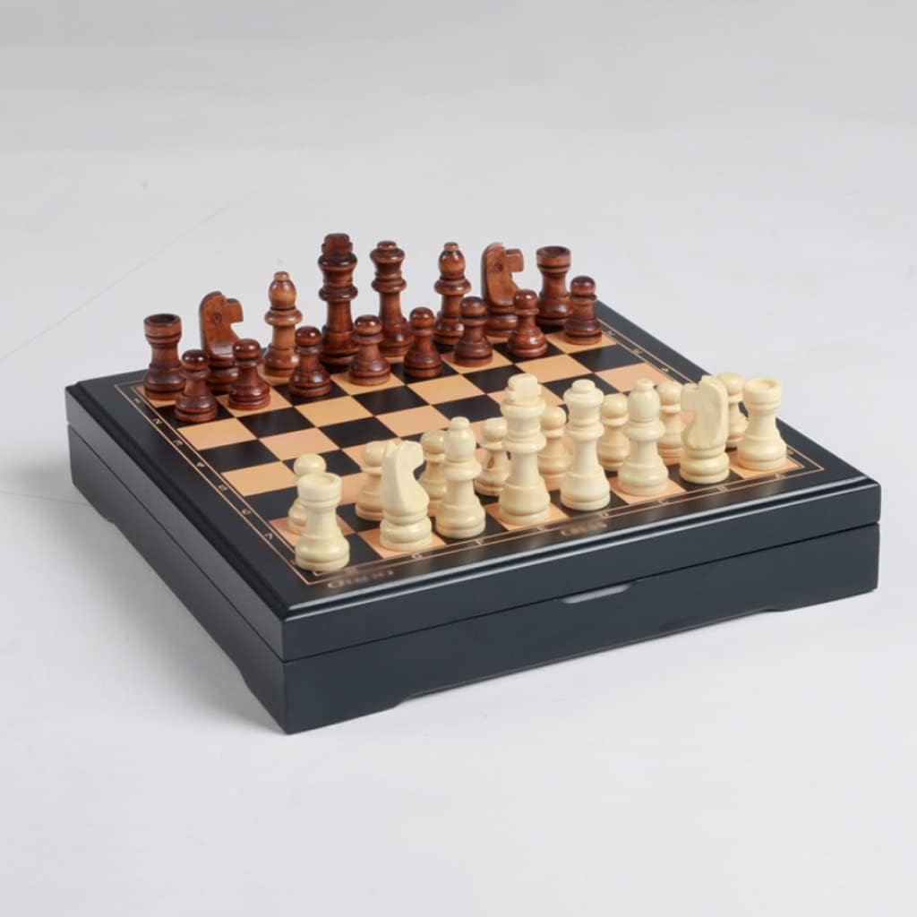 JGATW Juego de ajedrez de madera, juego de mesa de ajedrez de 9.3 pulgadas con pieza de ajedrez artesanal y ranuras de almacenamiento para niños y