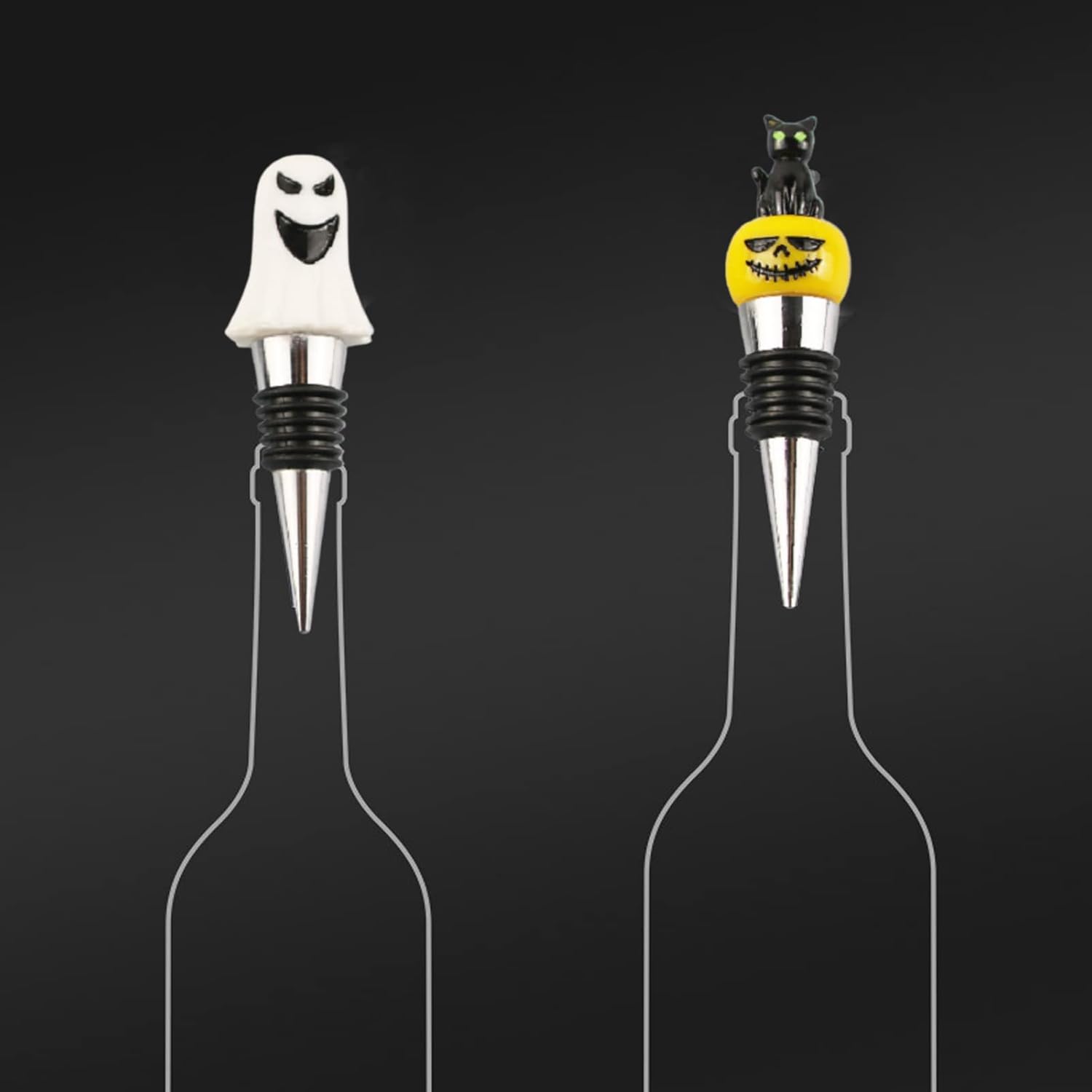 4 tapones para botella de vino de Halloween, tapón de vino de calavera, sombrero de bruja para botellas de bebidas, sombrero de calavera