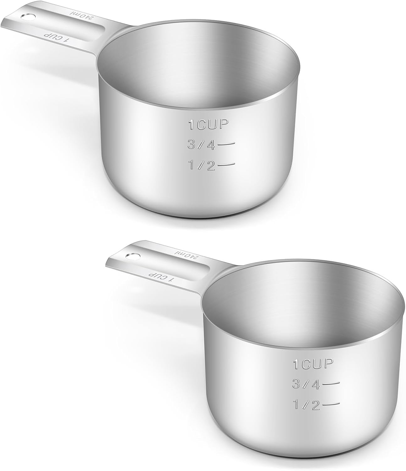 BERYLER Paquete de 2 vasos medidores, 1 taza (8.1 fl oz, 240 cc, 8 onzas), tazas medidoras de acero inoxidable, taza medidora de metal, utensilios