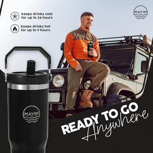 MAYIM Adventure Flow – Vaso de acero inoxidable de 30 onzas a prueba de fugas con tapa y popote, botella de agua aislada o termo con tapa y asa a