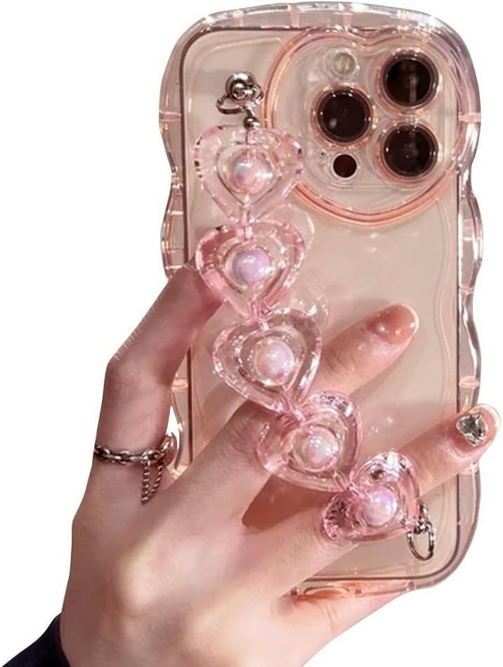 Casechics Compatible con funda para iPhone, bonita correa de silicona transparente, suave, a prueba de golpes, con forma de corazón, rizada,