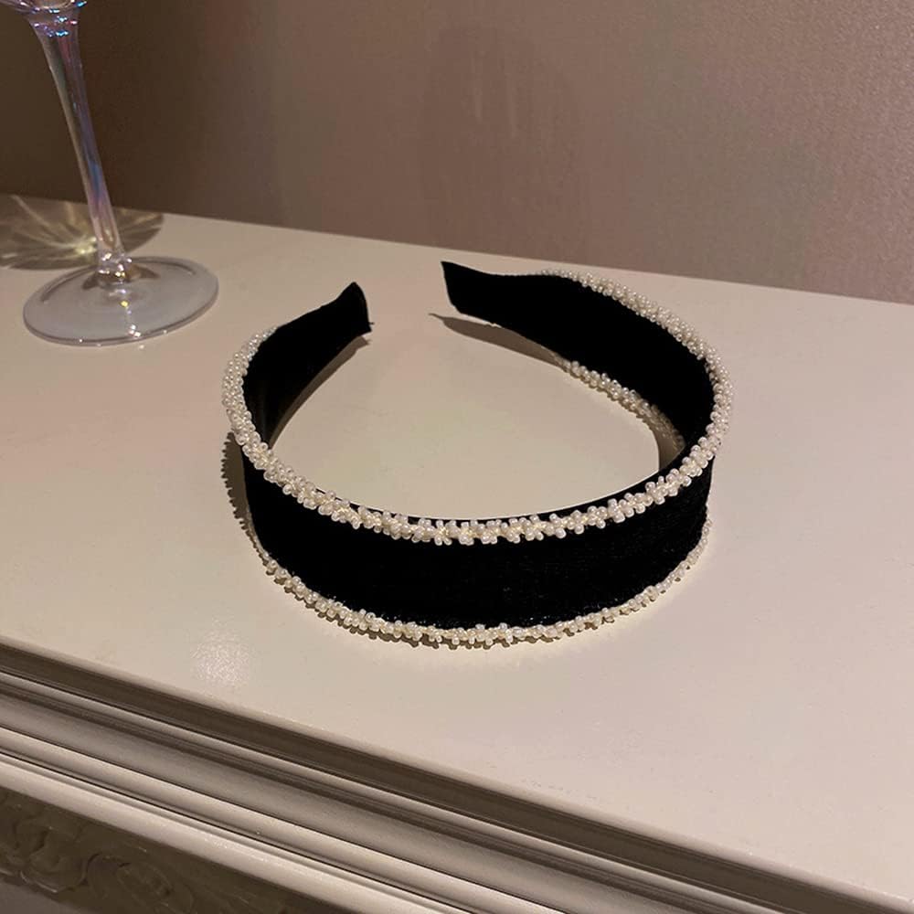 Diadema ancha con cuentas simples, diadema con cuentas para el cabello, banda elástica negra para mujeres y niñas