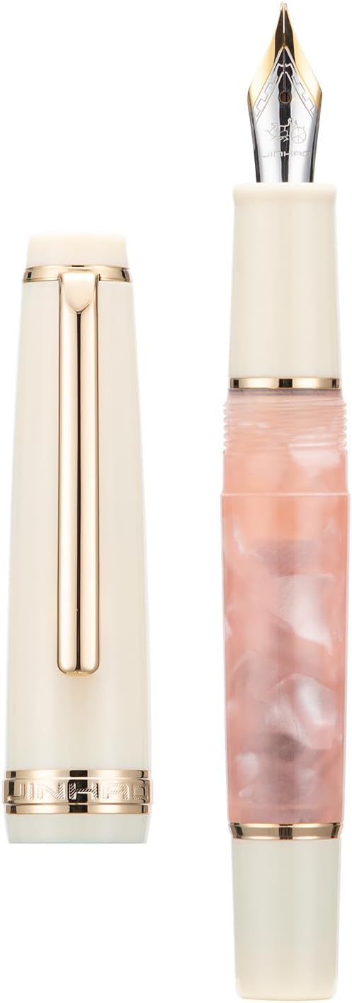 Jinhao 82 Mini pluma estilográfica acrílica, punta doblada iridio con convertidor de tinta, mini bolígrafo de viaje rosa Sakura de bolsillo corto