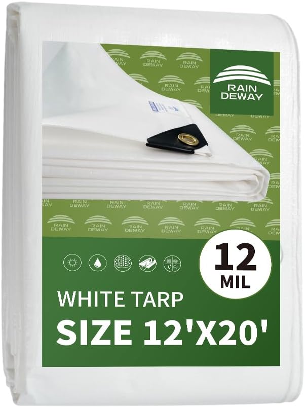 Lona blanca resistente de 12 mil de 12 x 20 pies, resistente a los rayos UV, impermeable, resistente a la intemperie, con ojales de metal y bordes