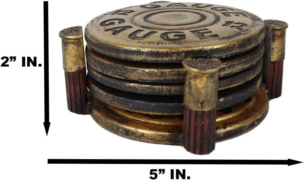 Ebros Gift Western – Juego de posavasos redondos de bala dorada de calibre 12 con 4 posavasos y soporte escultórico, figura decorativa, 5 pulgadas