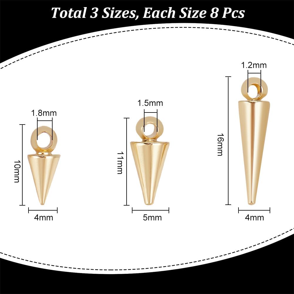 UNICRAFTALE 24 dijes de cono de latón dorado claro, hipoalergénicos, estilo punk, dijes colgantes para manualidades, collares, aretes, pulseras,