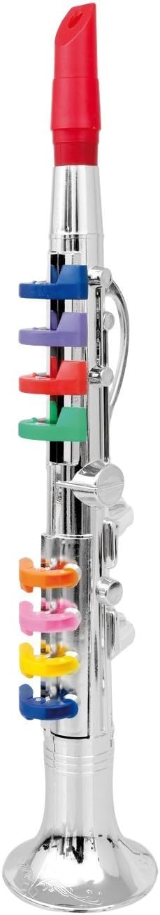 PowerTRC Cuerno de trompeta para niños  Insrumento musical de viento  8 teclas de colores  Niños pequeños  Clarinete de aprendizaje  Plata metálica