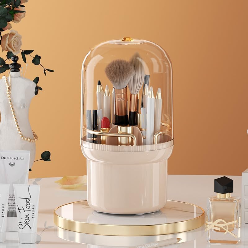 Soporte para brochas de maquillaje, organizador de brochas de maquillaje giratorio de 360 con tapa, almacenamiento de brochas cosméticos a prueba de