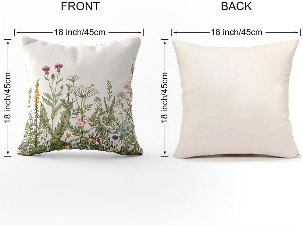 Funda de almohada floral de flores, hierbas botánicas, flores silvestres, plantas de jardín, acuarela, floral, hojas verdes salvia, ropa de cama