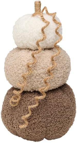 Trío de calabazas apiladas de sherpa moca con acento de yute, decoración de otoño para el hogar, decoración de otoño de mesa de calabaza, decoración