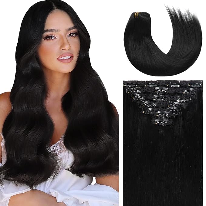 Lacer Extensiones de cabello humano con clip, de doble trama, cabello brasileño de cabeza completa, color negro azabache, extensiones de cabello