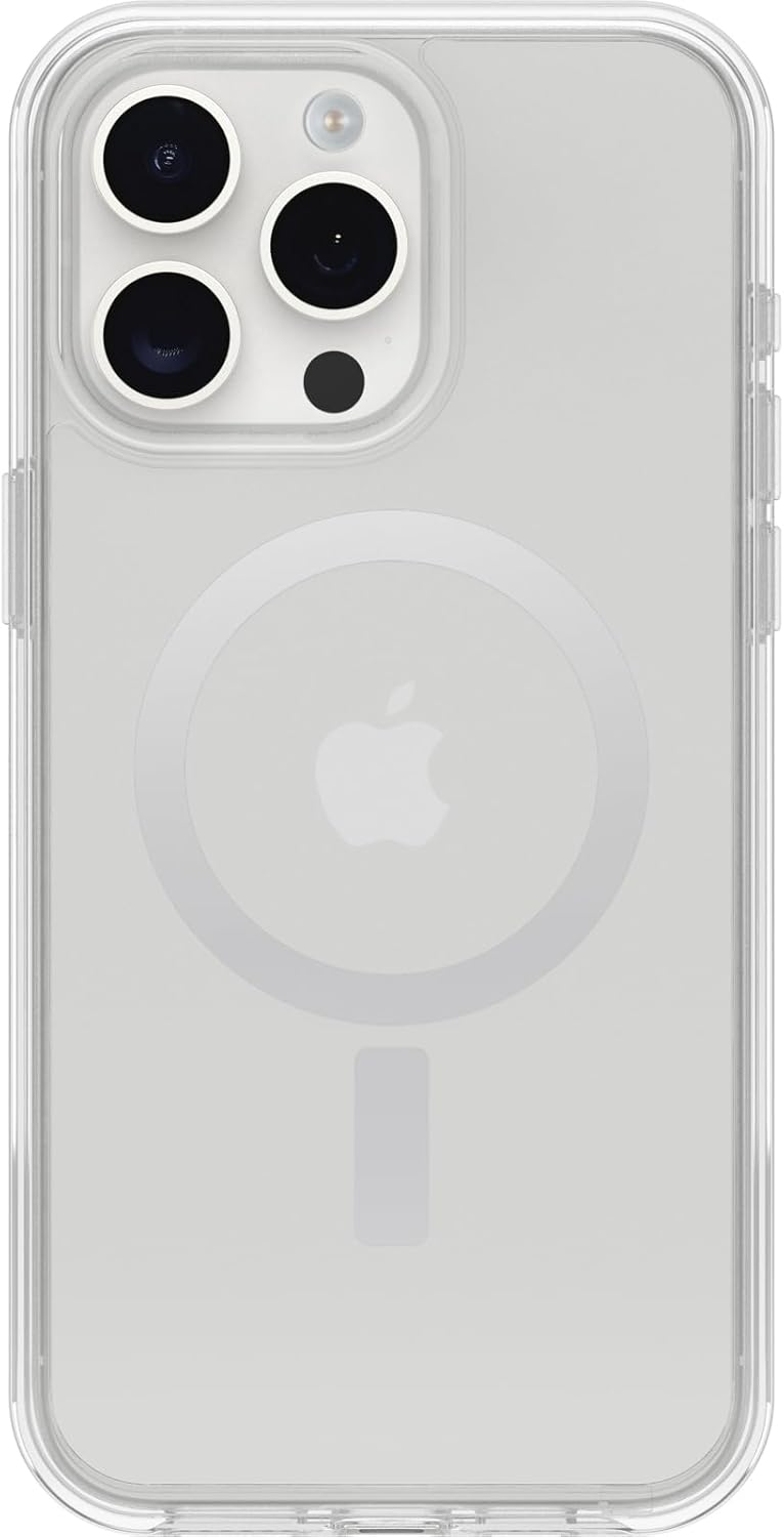 OtterBox Funda transparente para iPhone 15 Pro MAX (solamente) de la serie Symmetry – (transparente), se ajusta a MagSafe, ultra elegante, bordes