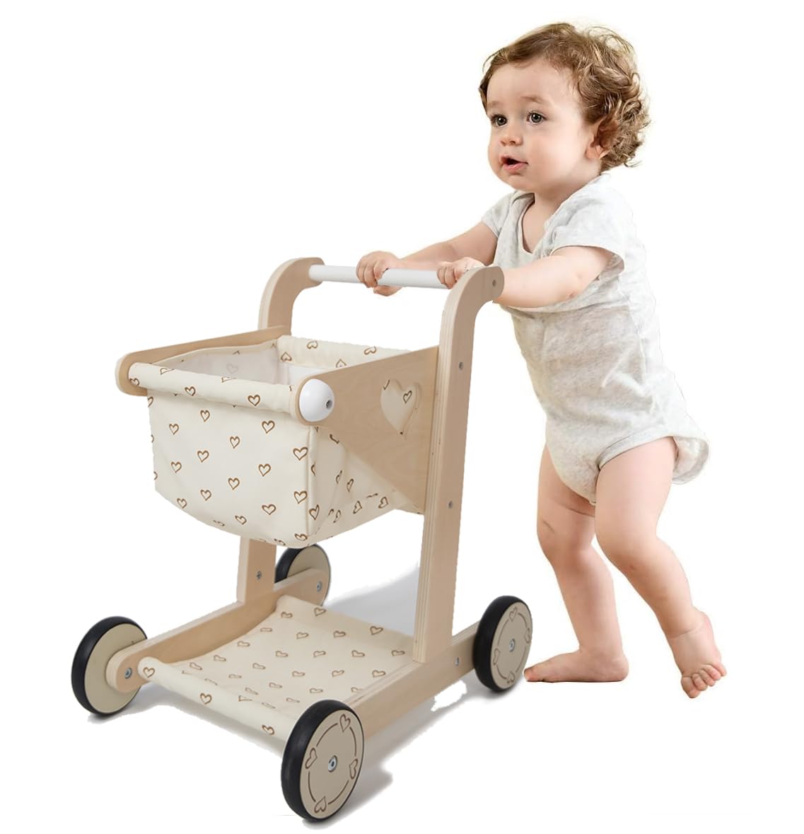 Hopscotch Squad Carrito de compras de madera para bebé, cochecito de muñeca para niños pequeños, caminante de aprendizaje educativo, carro de juego