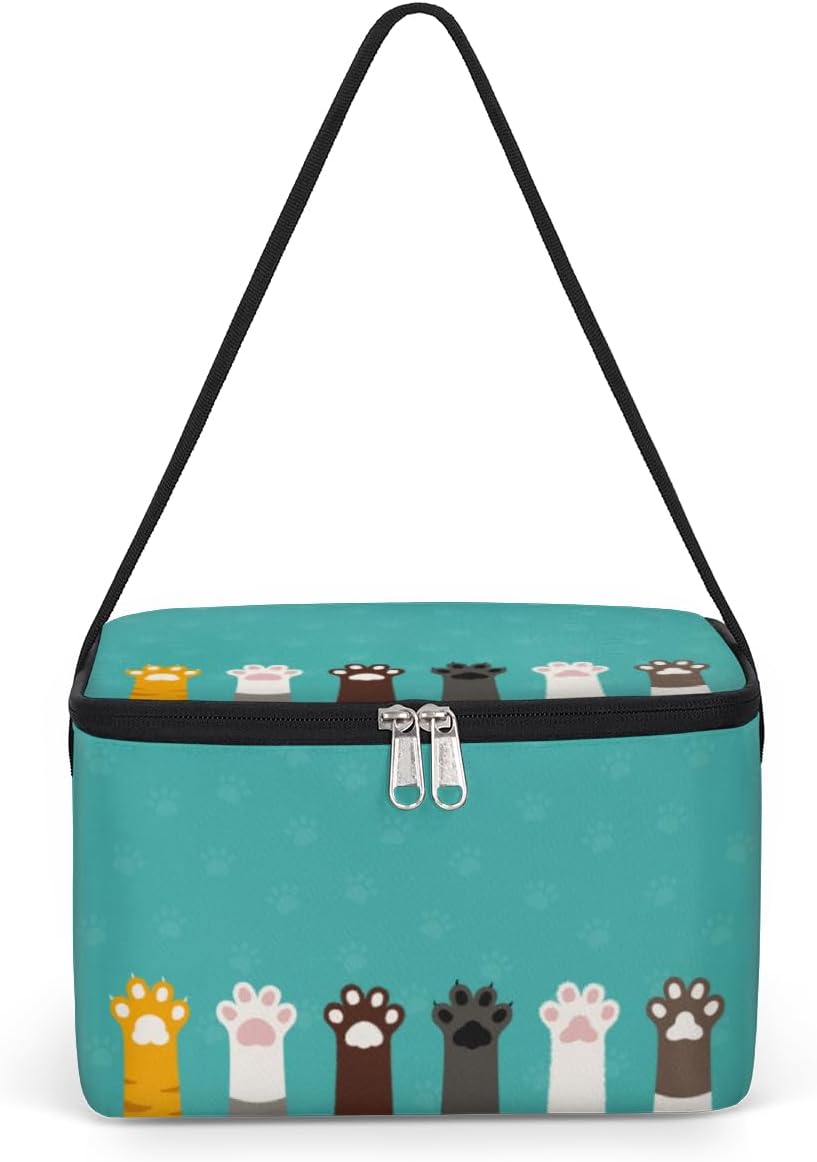 Lonchera con estampado de patas de gato, aislada, reutilizable, grande, con hombro ajustable y cremallera, bolsa de lona para oficina, trabajo,