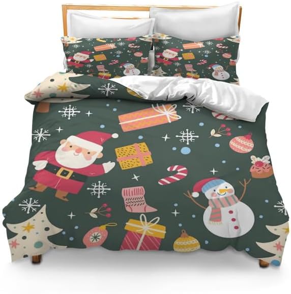 Bidesign Juego de funda de edredón tamaño matrimonial con temática navideña (diseño de cerezaárbol de Navidadcampana) para vacaciones (1 funda de