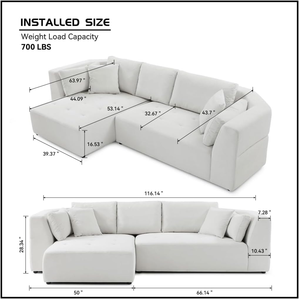 Sofá modular modular en forma de L de 116 pulgadas, sofá seccional de esquina con diván orientado a la izquierda y asiento profundo, sofá cómodo de