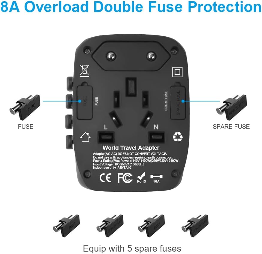 Adaptador de corriente de viaje universal en todo el mundo, adaptador internacional de 2000 W con 4 puertos USB, Reino UnidoUEAUEE. UU. (más de 200