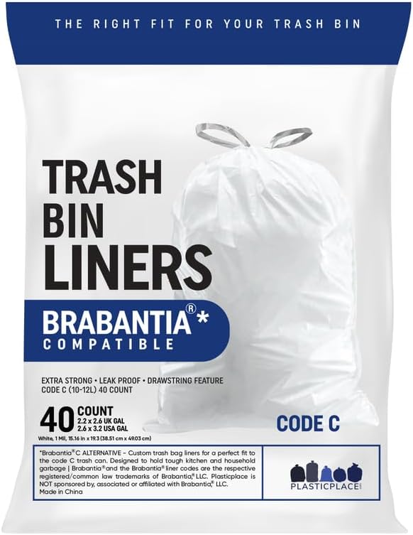 Plasticplace 2.6-3.2 Galones Brabantia (x) Compatible Code C Bolsa de Basura, 1.0 Mil, Blanco Bin Liner, 15″W x 19″H, (40 caja)
