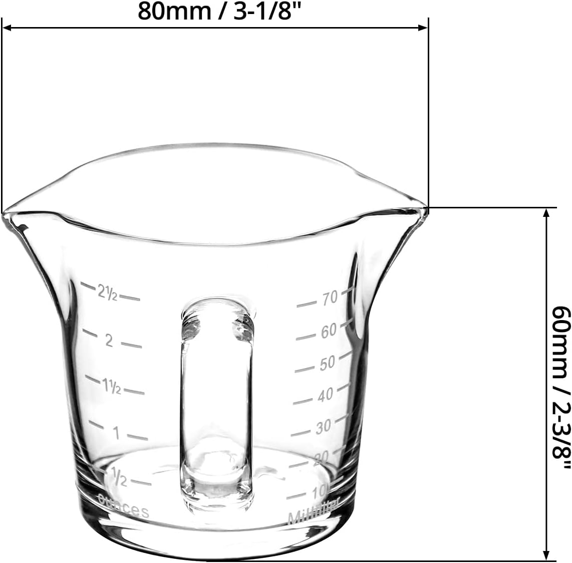 QWORK Vaso de chupito de café expreso con asa, paquete de 4 vasos medidores de vidrio de doble boquilla de 3 onzas, taza de leche triple con dos