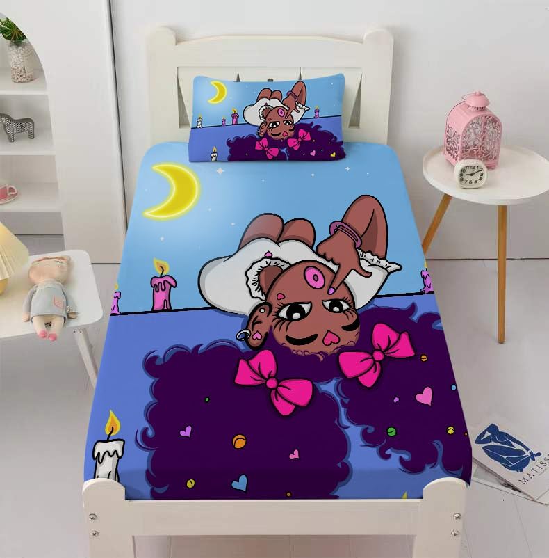 Gusuhome Juego de ropa de cama mágica de niña negra afroamericana, tamaño Queen, linda luna princesa, juego de sábanas ajustables para niños, tiara