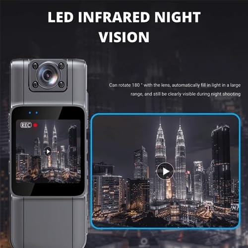 YUNSEITY Mini cámara corporal, cámara HD desgastada con lente giratoria de 180 y clip trasero, visión nocturna, detección de movimiento, cámara de