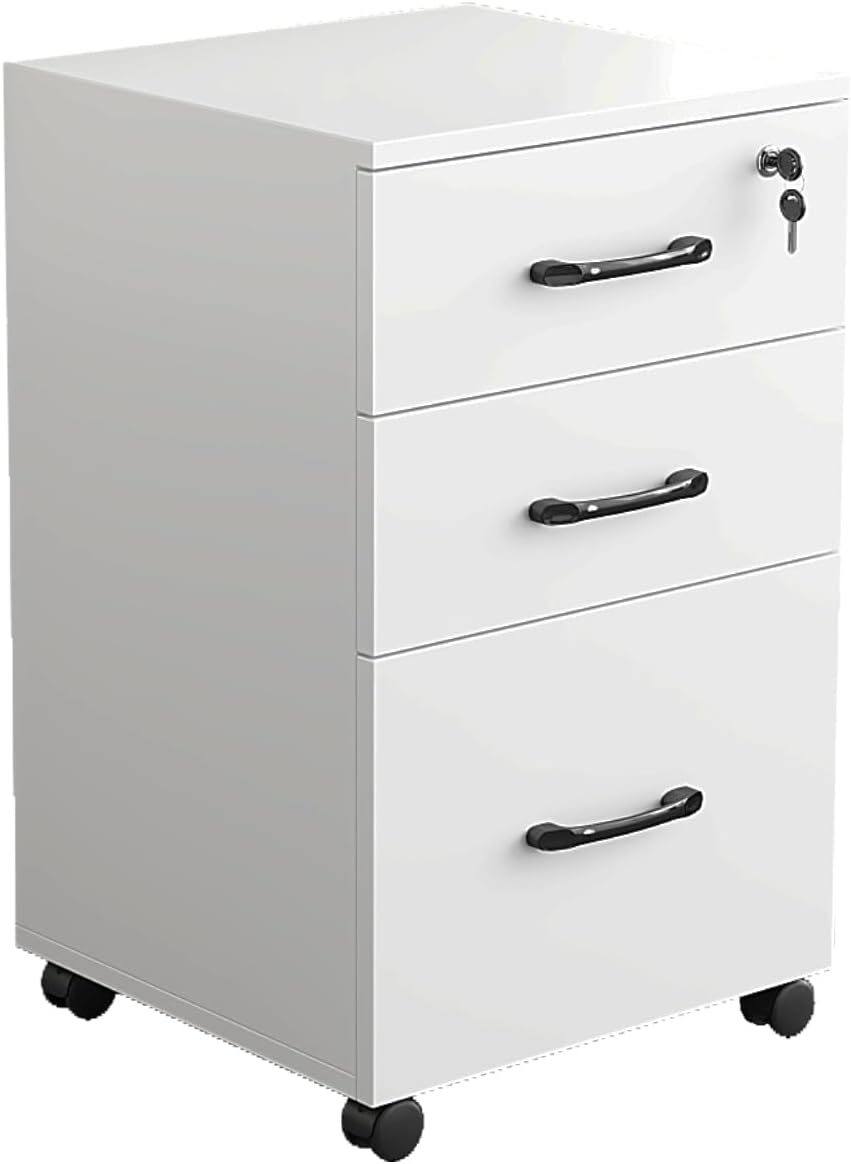 Archivador móvil de 3 cajones con cerradura, gabinete de llenado vertical blanco sobre ruedas, pequeño archivador rodante, gabinete debajo del