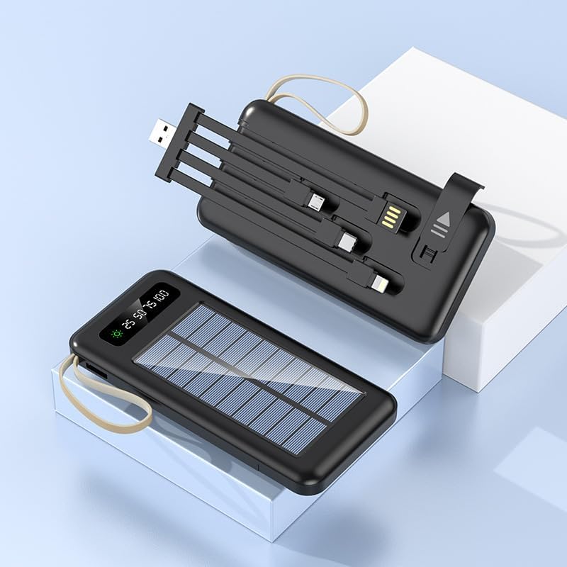 Banco de energía solar de 20000 mAh, con cable de carga 4 en 1, panel solar de carga rápida y carga USB, linterna súper brillante incorporada