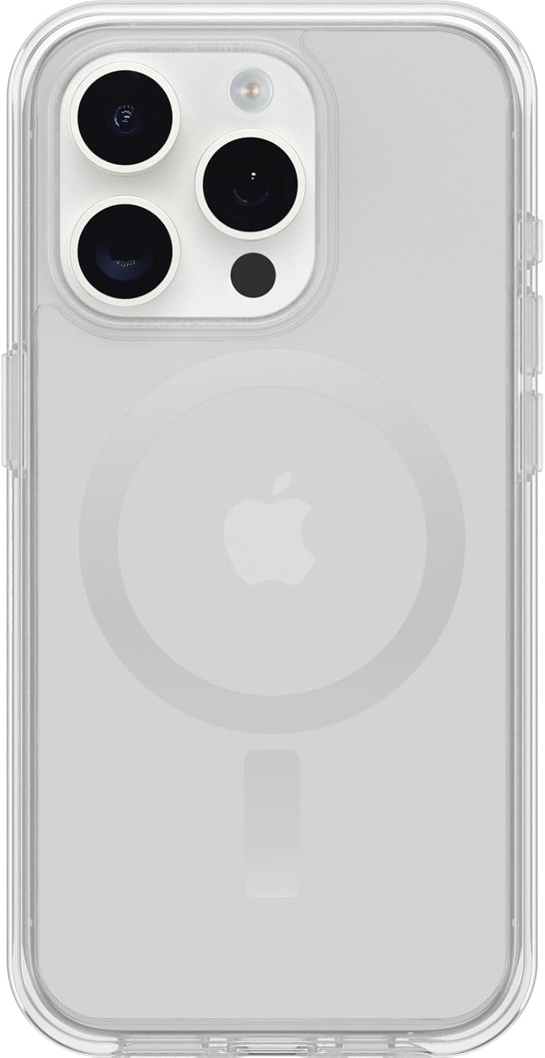 OtterBox Funda transparente para iPhone 15 Pro (solamente) de la serie Symmetry – (transparente), se ajusta a MagSafe, ultra suave, bordes elevados