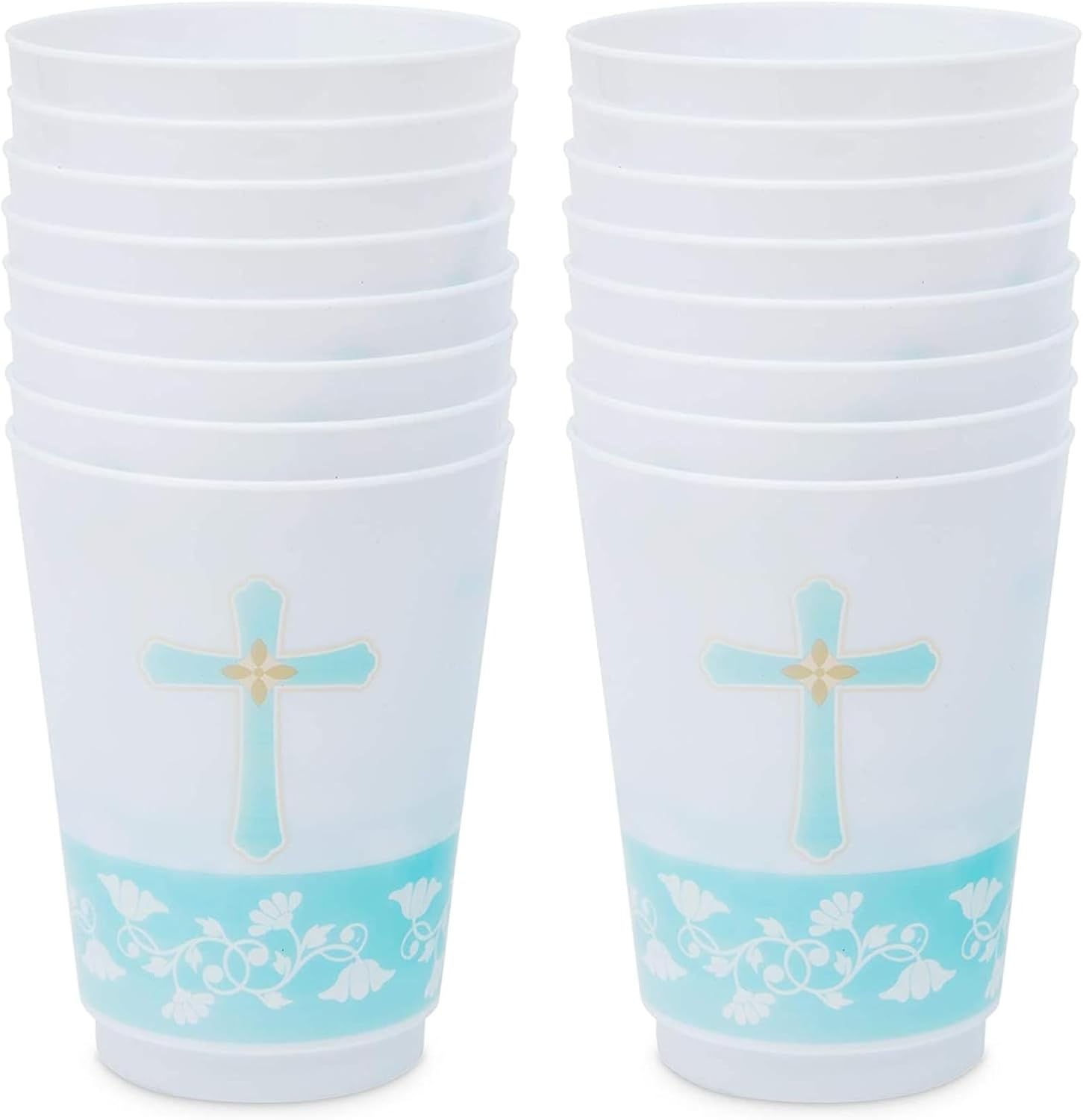 Sparkle and Bash Paquete de 16 vasos de 16 onzas con cruz azul, vasos de plástico para bautismo, decoraciones de primera comunión, suministros para