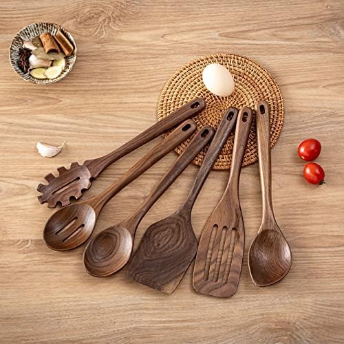Gudamaye Cucharas de madera de nogal negro de 12 pulgadas para cocinar, 6 cucharas largas de madera Handel, utensilio de madera de nogal negro