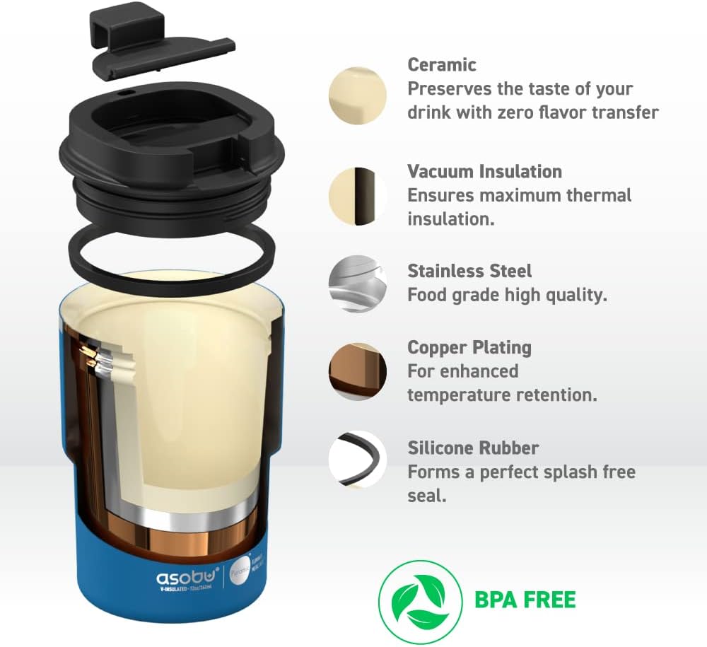 asobu Taza de viaje de acero inoxidable con revestimiento de cerámica, aislada con tapa a prueba de fugas y derrames, se adapta a portavasos