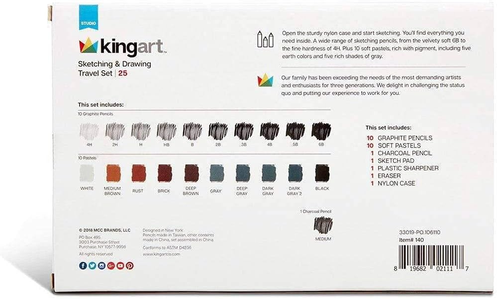 KINGART 140 DIBUJOS Y DIBUJOS 25 uds. Juego de viaje, lápices y pasteles de grafito y carbón y suministros adicionales, kit de dibujo artístico para