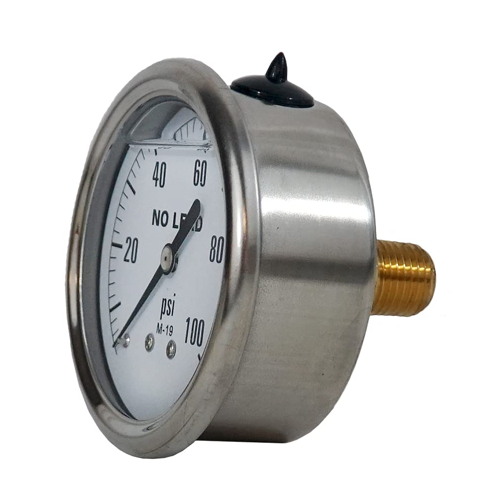 Merrill MFG – Medidor de presión relleno de líquido NPT de acero inoxidable de 0  100 PSI de 0  100 PSI, montaje trasero central de agua, aceite y