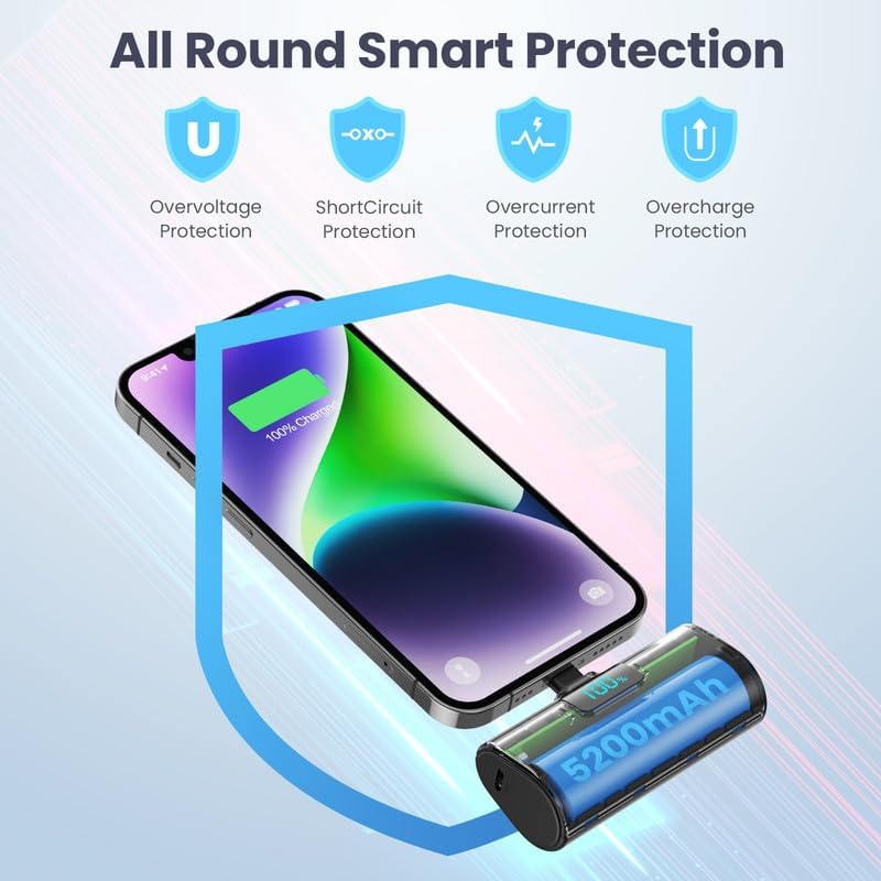 Cargador portátil pequeño para iPhone, mini banco de energía con certificación MFi de 5200 mAh, cargador de teléfono portátil de viaje de carga