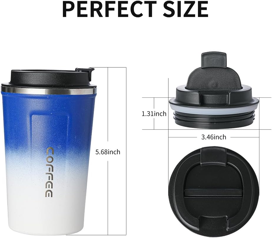 Taza de viaje de café con revestimiento de cerámica, 14 onzas, vaso aislado al vacío para automóvil con tapa a prueba de fugas, color azul degradado
