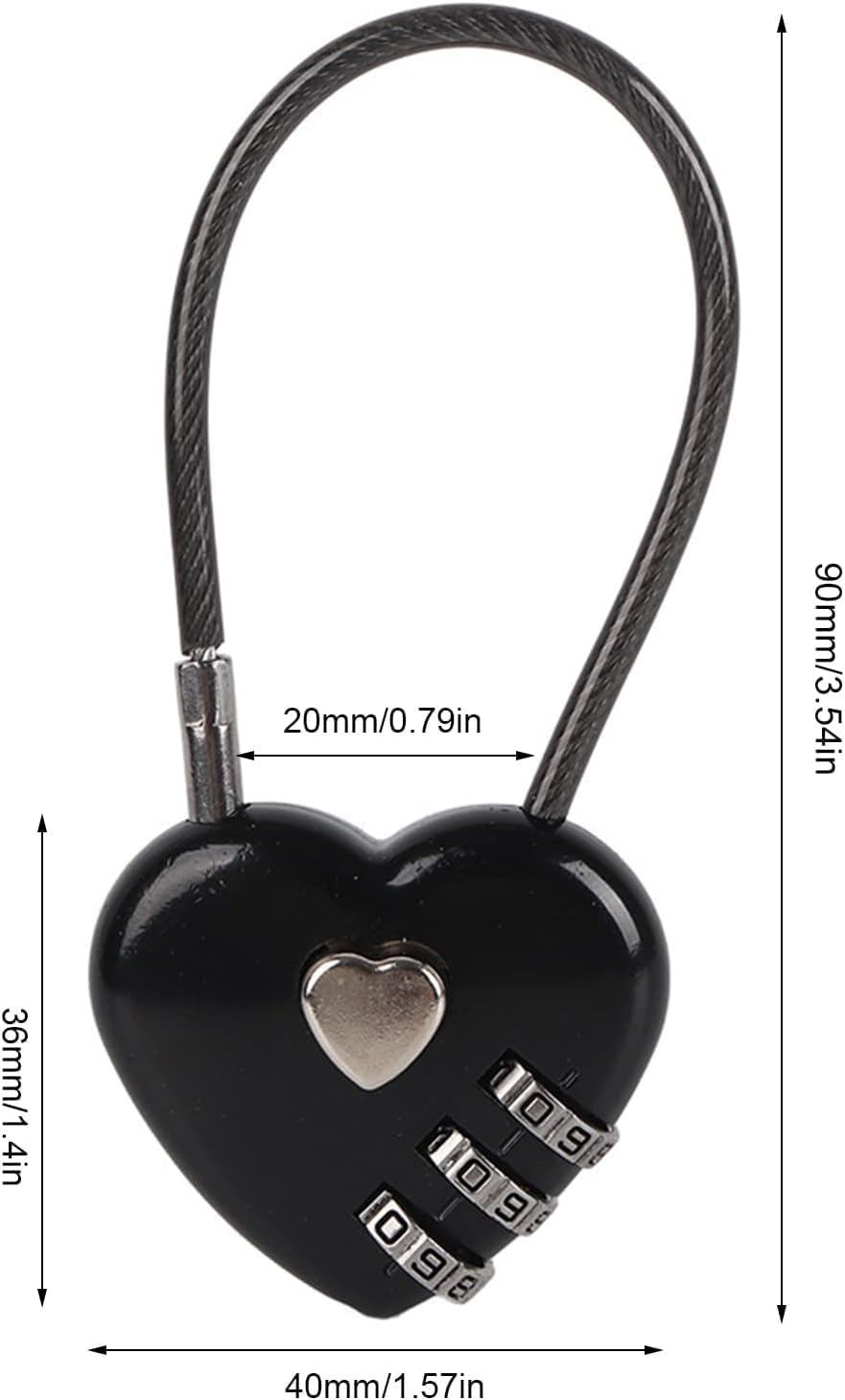 Cerradura de código en forma de corazón negro, tamaño mini compacto con combinación de código de 3 dígitos para equipaje, mochila, joyero, candados