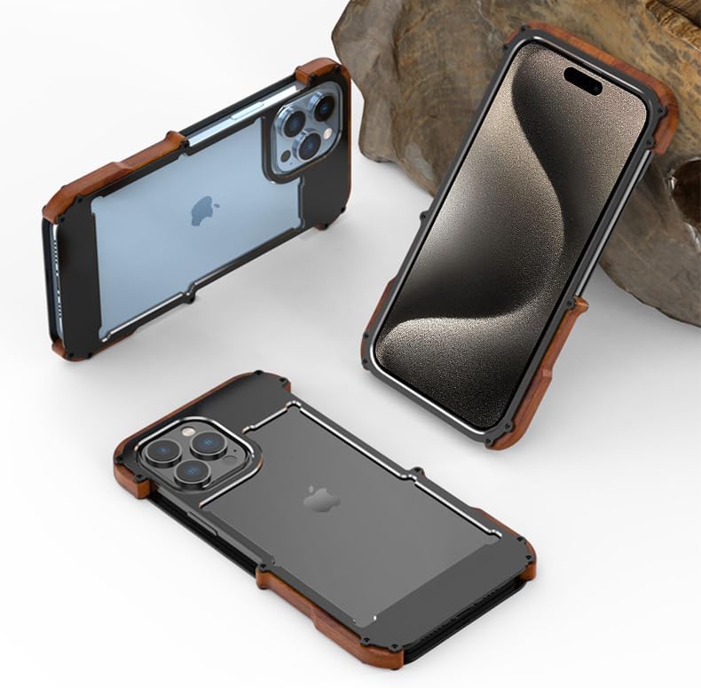 Kowauri Funda para iPhone 15 Pro Max, protección contra caídas, aleación de aluminio de metal y madera, funda protectora a prueba de golpes y caídas