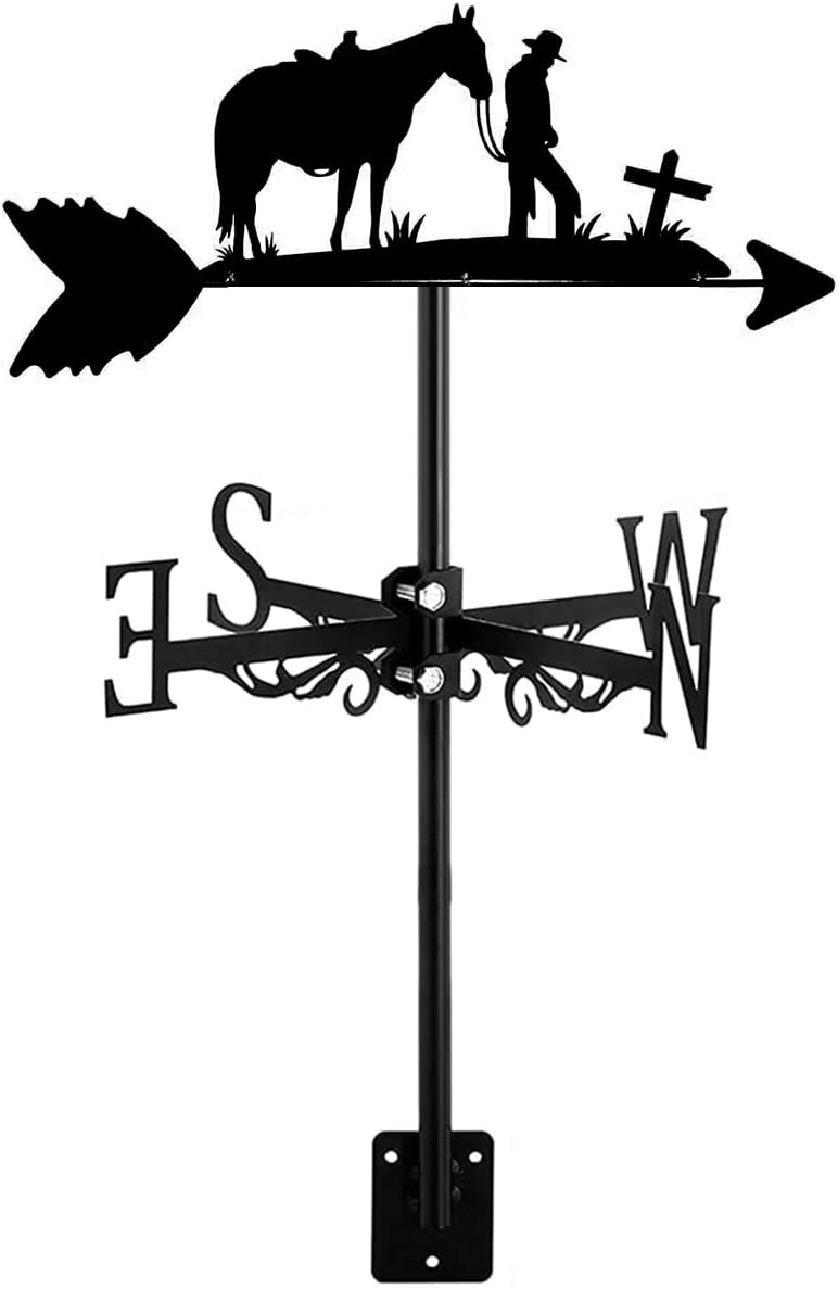 Weathervane – Adorno negro con Racer Rider Horse Western Cowboy y techo cruzado, indicador de dirección del viento para patio al aire libre, estilo 4