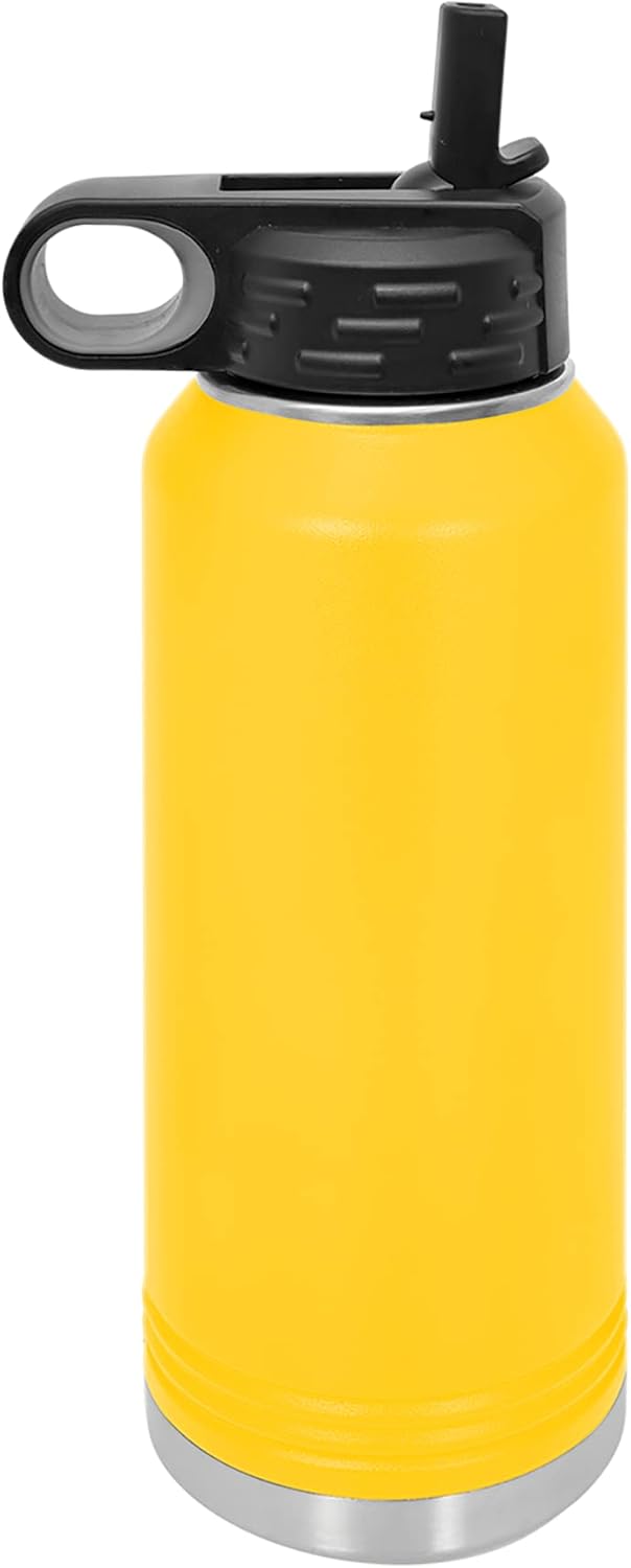 LaserGram Botella de agua de doble pared abatible de 40 onzas con pajita, piña, grabado personalizado incluido (amarillo)