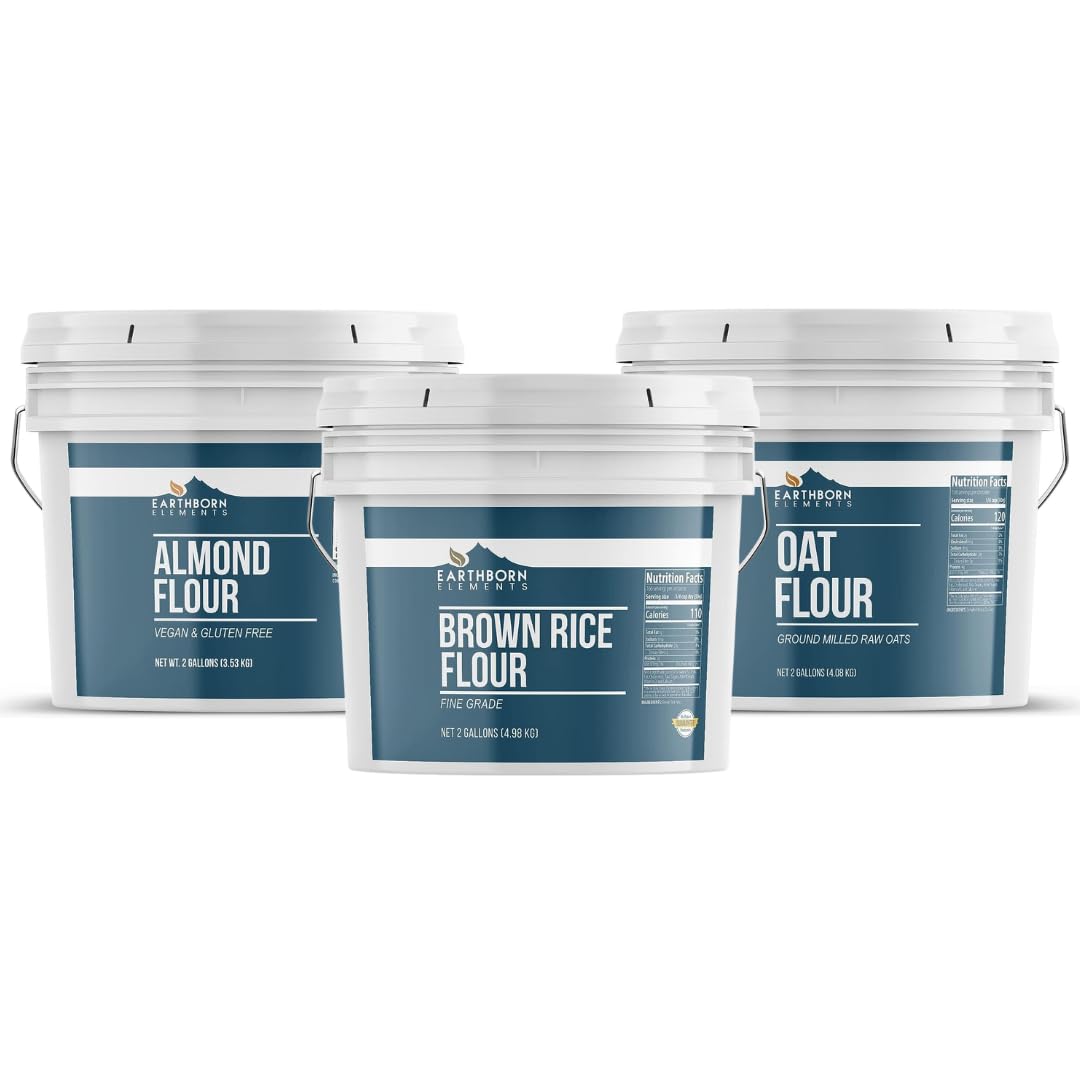 Earthborn Elements Paquete de harina de arroz integral, harina de almendras y harina de avena, cubos de 2 galones cada uno, sin gluten, para hornear