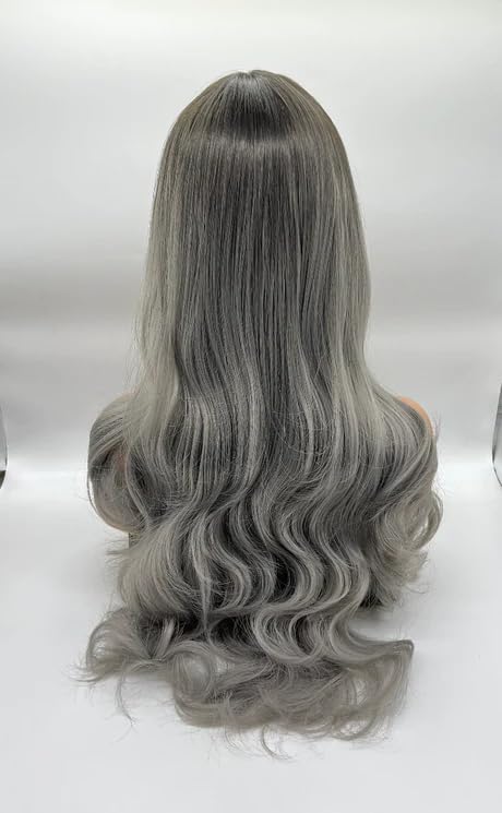 AMANDA – Peluca balayage gris con flequillo completo, larga y rizada, sin pegamento, pelucas sintéticas naturales para uso diario (pelucas de