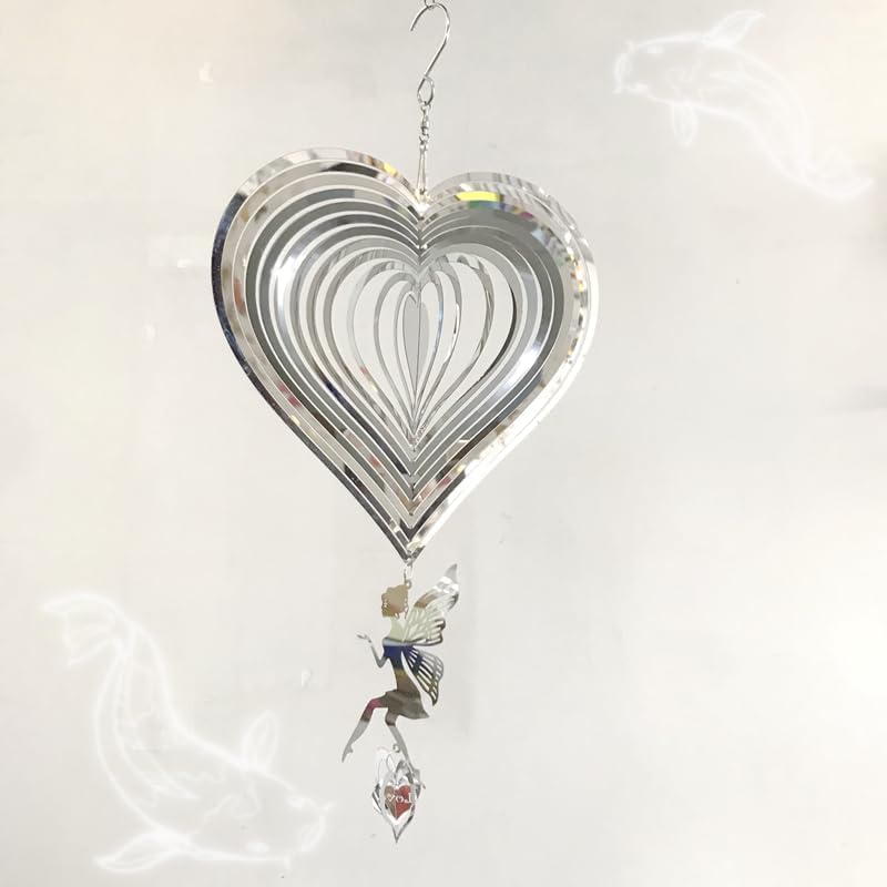 HZSprance Molinillo de viento de acero inoxidable, diseño de corazón de amor en 3D, impresionante efecto 3D, decoración de ángel colgante para