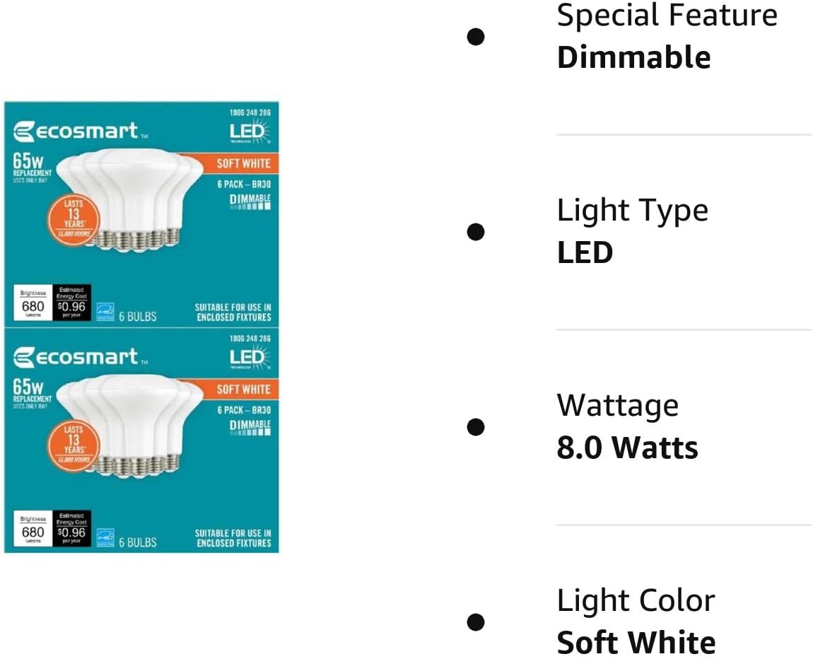 EcoSmart – Bombilla LED Energy Star de 65 vatios equivalente a BR30 regulable, color blanco suave (paquete de 12)