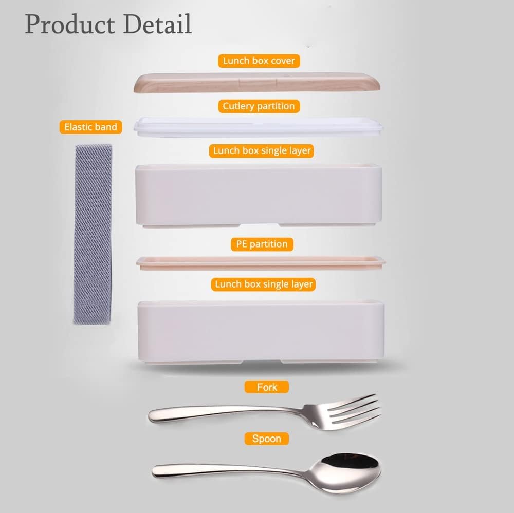 Lonchera Bento original estilo japonés de 2 capas con utensilios, cuchara y tenedor, divisor para ensalada para hombres y mujeres (blanco)