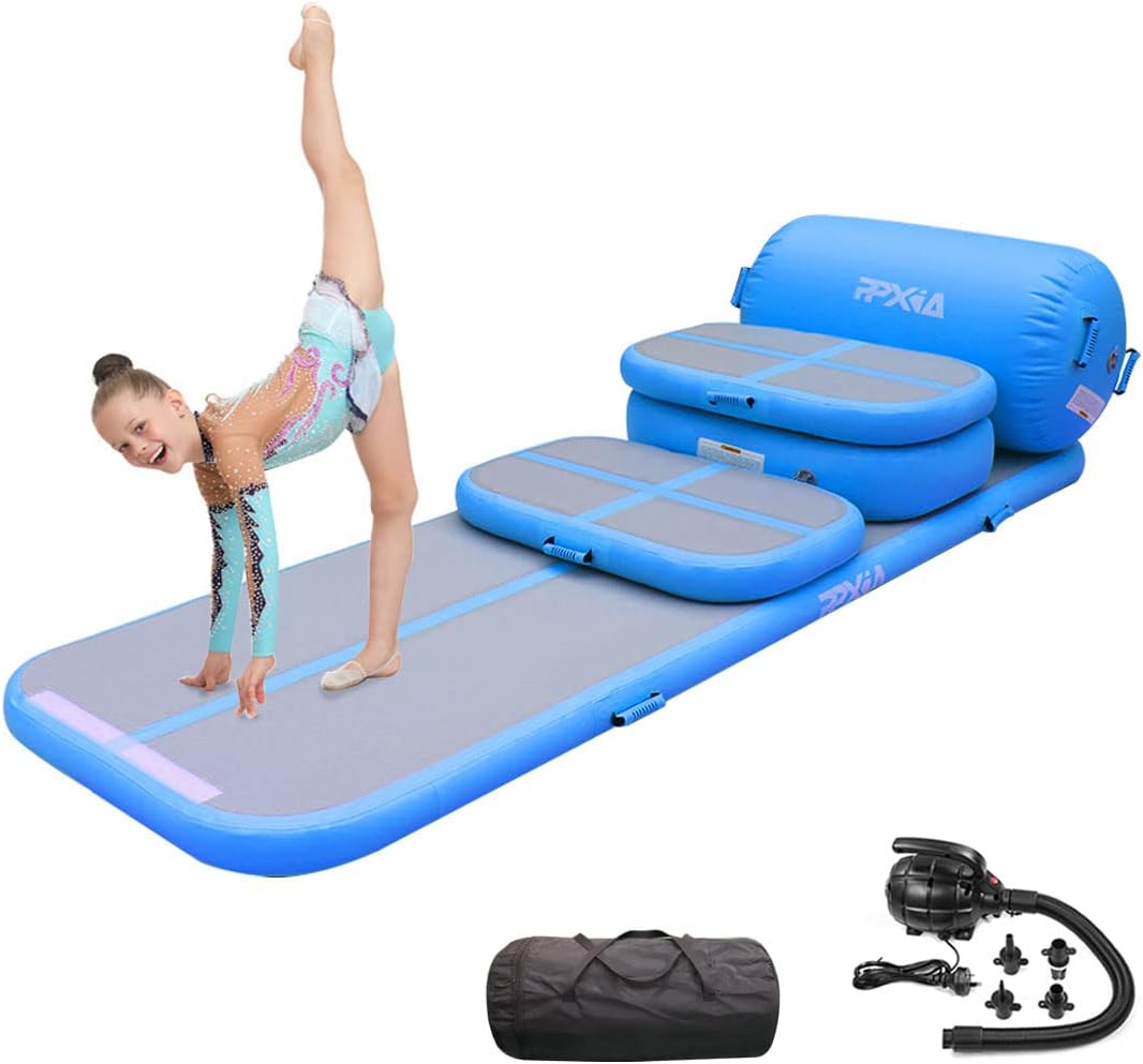 PPXIA Colchoneta inflable de gimnasia de 4 pulgadas de grosor, juego de colchonetas de aire con bomba para entrenamiento, animadoras, uso doméstico,