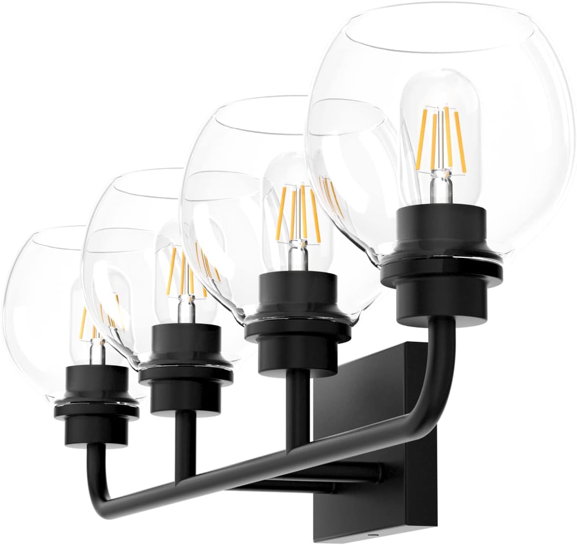 Tipace Lámparas industriales para tocador de baño, 4 luces, acabado negro vintage con globo de vidrio transparente, iluminación de baño de granja
