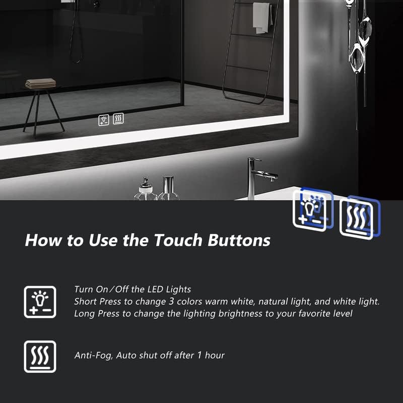 ROOMTEC Espejo de baño LED de 36 x 36 pulgadas con parte delantera y retroiluminada, antiniebla, 3 colores y luz regulable (horizontalvertical)