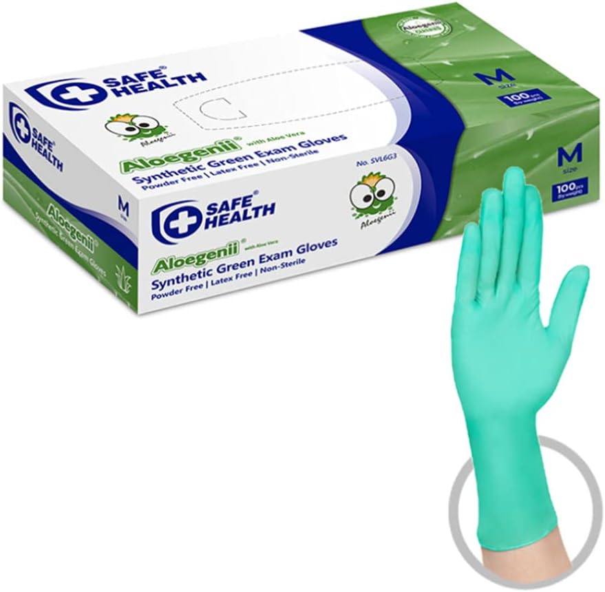 Safe Health Aloegenii – Guantes desechables de vinilo verde HD, revestimiento de aloe vera, 5.5 mil, libre de látex en polvo, grado médico