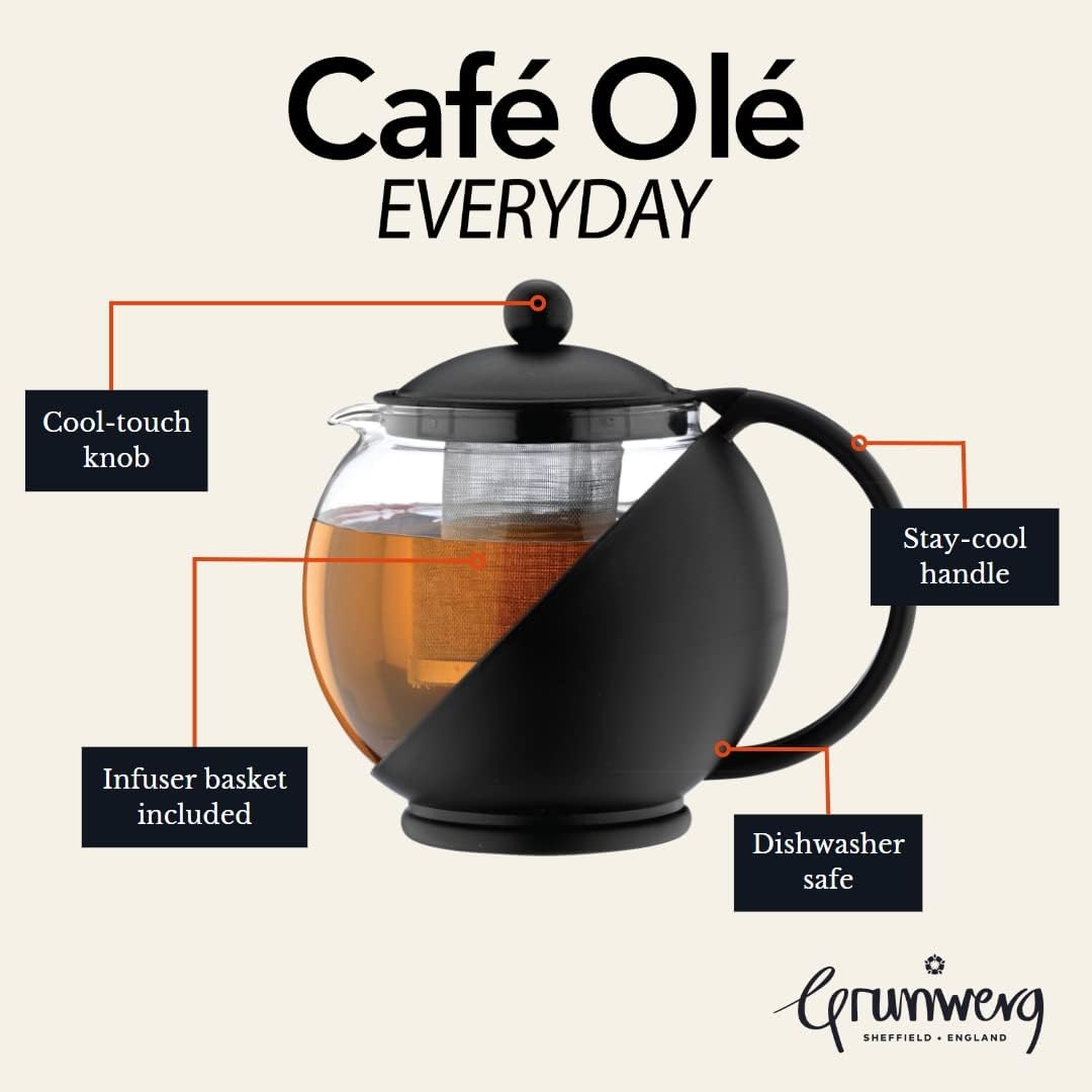 Café Ole Everyday – Tetera redonda con infusor de vidrio, tetera de vidrio, hojas sueltas, color negro, 23.7 fl oz24 oz