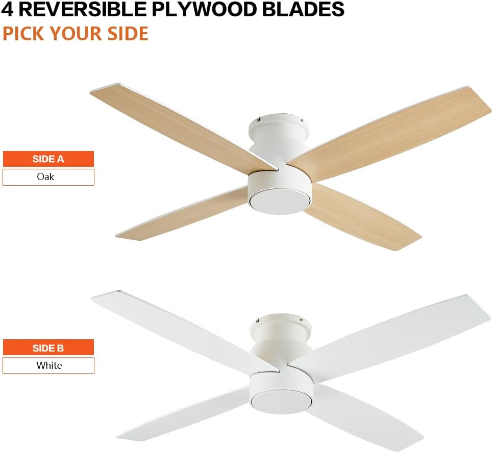 WINGBO Ventilador de techo CC de montaje empotrado de 52 pulgadas sin luces, 4 aspas reversibles, motor de CC ultra silencioso de 6 velocidades,